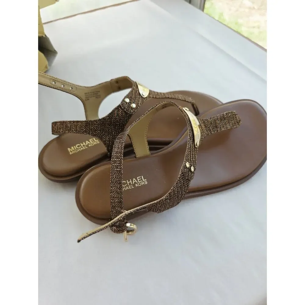 NIB NEW Women's 6.5 MICHAEL KORS Plate Slingback Thong Sandals Monogram Copper